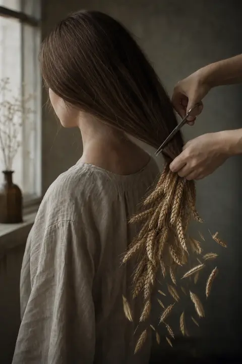 Cheveux longs de femme se transforment en blé doré au moment des ciseaux, mèches se dissolvant en poussière lumineuse