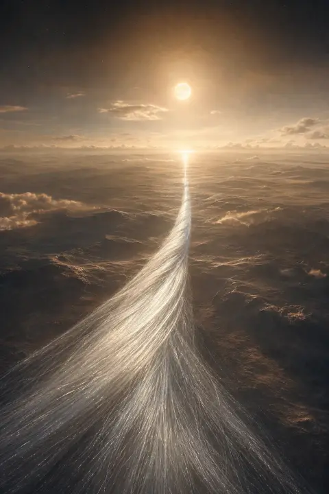 Un fil de cheveu argenté s'étend comme pont infini sur paysage éclairé par lune, sa texture consumant toute composition