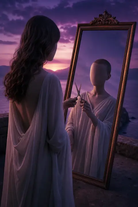 Figures jumelles se font face dans miroir incliné, l'une tenant ciseaux, reflet montre cheveux coupés, crépuscule violet entoure symétrie troublante