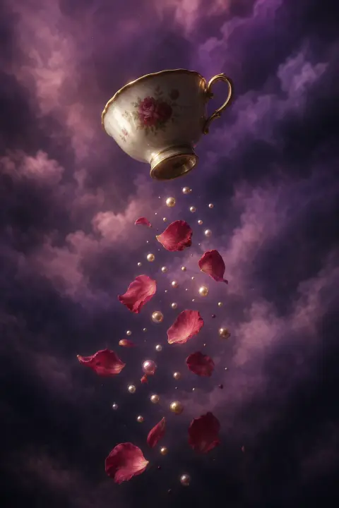 Taza de té flotando hacia arriba en aire violeta, perlas y pétalos de rosa cayendo hacia abajo, símbolo onírico de ser querido difunto
