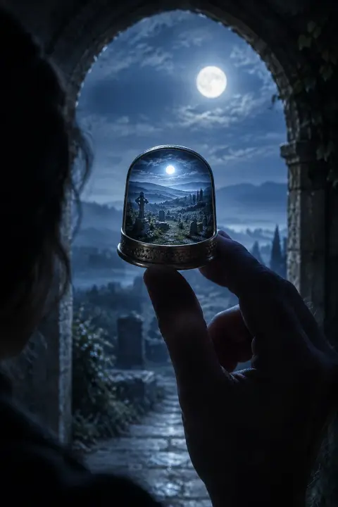 Figura en silueta sostiene un dedal que contiene un cementerio entero bajo la luna llena, recuerdo de tía muerta vasto dentro del pequeño borde