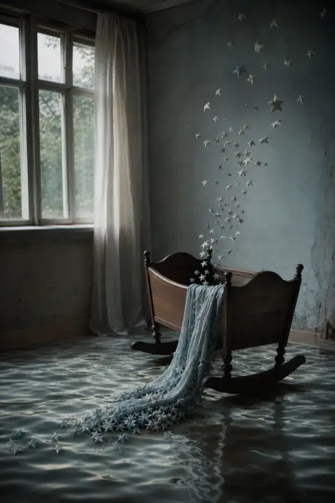 An empty cradle rocks by a window, its blanket unraveling into paper stars, a dream about a dead baby