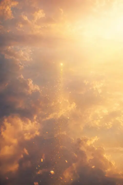 A small star of light rises through a sunlit sky, trailing golden petals, a dream of a dead baby