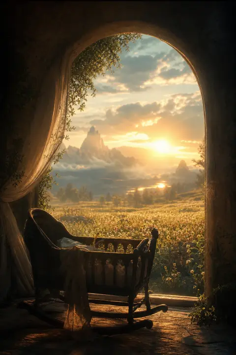 A low arch of soft light opens onto a dawn meadow with an empty cradle at its edge, a dream of a dead baby