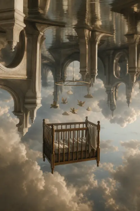 A cradle and floating mobile drift among inverted arches under slow clouds, a dream of a dead baby