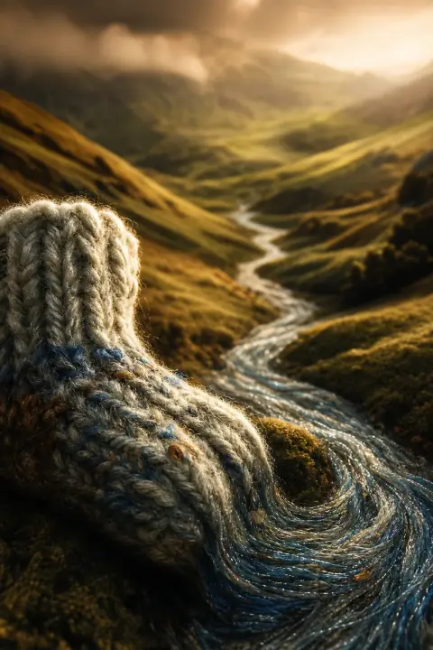 Close view of a tiny knitted sock whose threads become a gentle river through soft hills, a dream of a dead baby