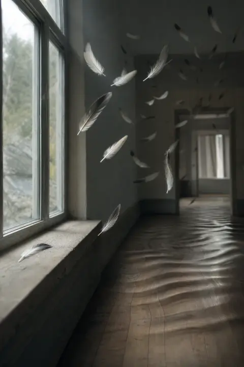 A single feather on a windowsill lifts and multiplies into a rising flock, a dream of a dead bird