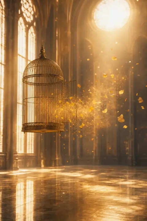 An empty birdcage floats weightless in a sunlit hall, its open door releasing petals, a dream of a dead bird