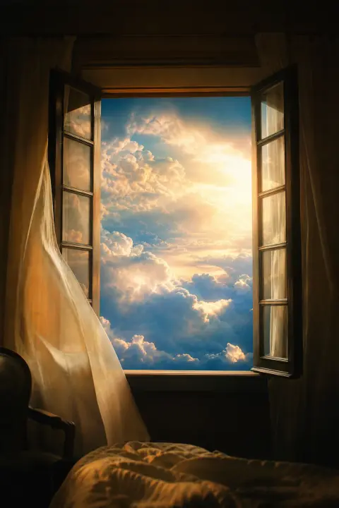 An open window glows like a portal onto an impossible boundless sky, a dream of a dead bird