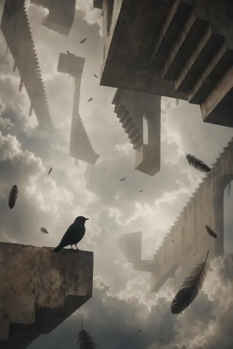 A still bird silhouette and floating feathers drift among inverted staircases, a dream of a dead bird