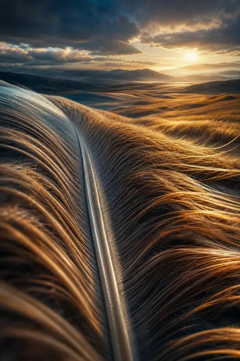 Close view of a feather whose barbs become windswept fields stretching to hills, a dream of a dead bird