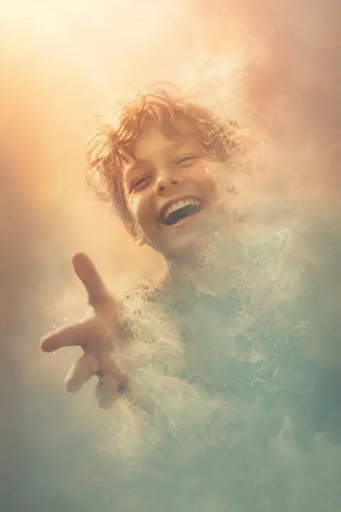 Boy's face in peach dawn laughing and fading simultaneously, hand reaching while dissolving into mint mist, dead brother
