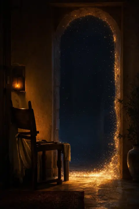 Deep indigo void shaped like absence, starlit edges radiating warmth, empty chair and untouched doorway, dead brother memory