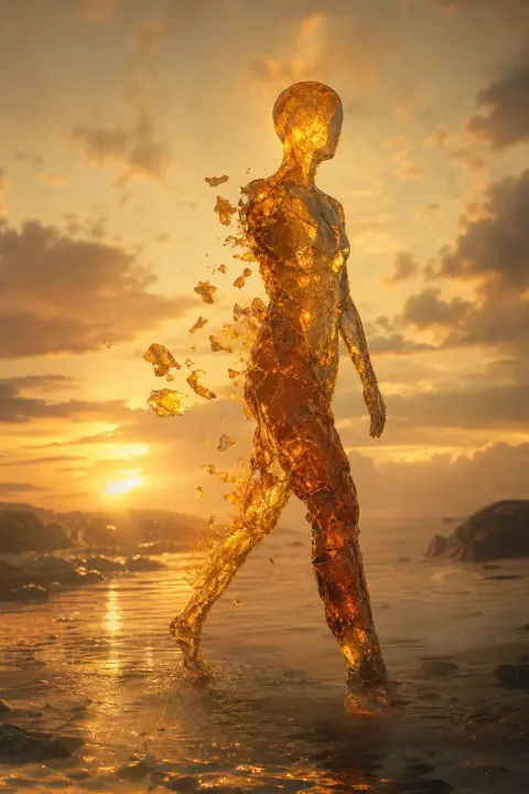 Golden dusk figure crystallizing into amber stone mid-stride, half-translucent half-solid, caught between presence and permanence