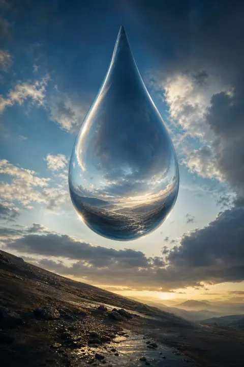 Single silver-blue tear vast as moon suspended above tilted ground, surface reflecting entire landscape of memory, weightless