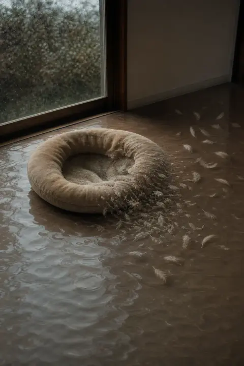 An empty cushion holds a cat-shaped hollow that unravels into drifting feathers, a dream about a dead cat