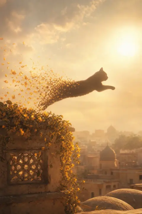 A cat's silhouette leaps across a sunlit rooftop, dissolving into golden petals, a dream of a dead cat