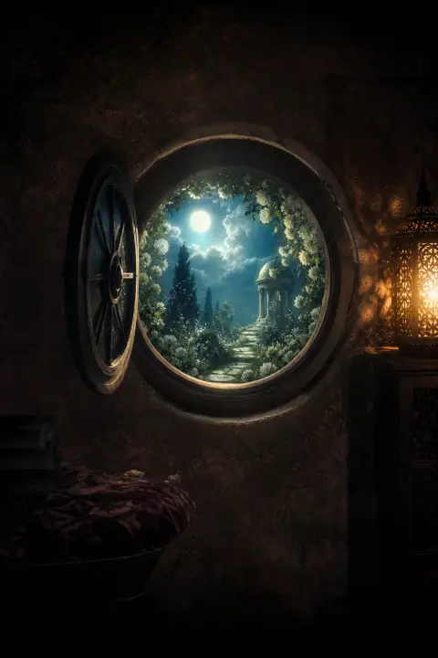 A small round window glows like a portal onto an impossible moonlit garden, a dream about a dead cat