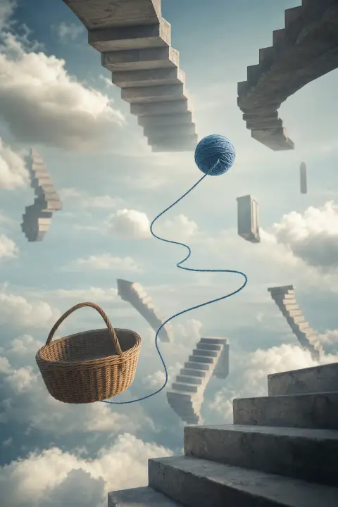 A ball of yarn and empty basket drift among inverted staircases under slow clouds, a dream of a dead cat