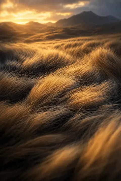 Close view of soft cat fur whose strands become a field of swaying grass, a dream about a dead cat