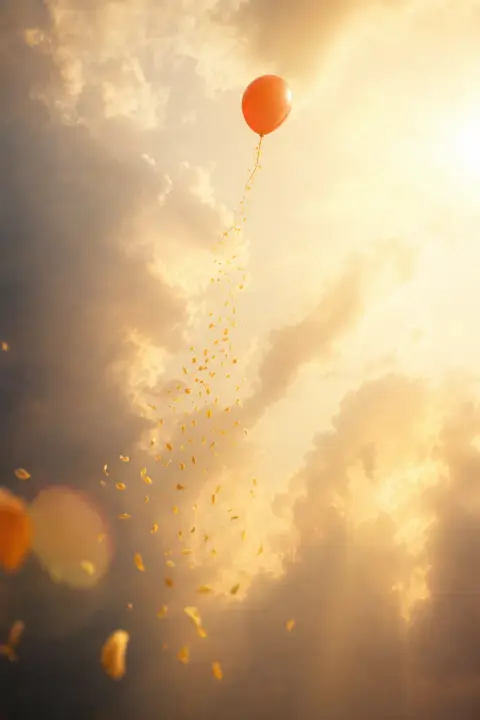 A child's balloon rises through a sunlit sky, its string dissolving into golden petals, a dream of a dead child