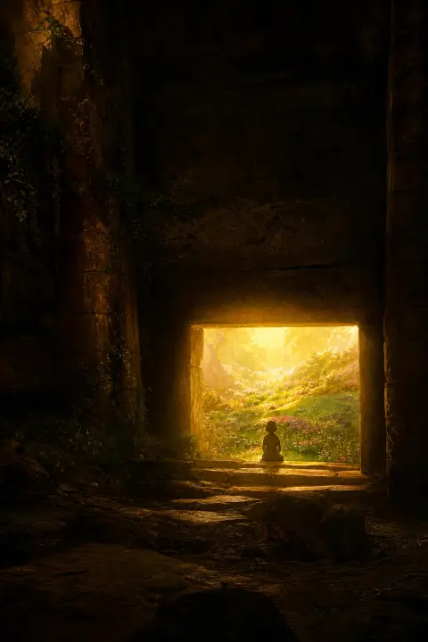 A low doorway of light opens onto a sunlit playground meadow with a tiny silhouette, a dream of a dead child