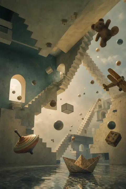 A spinning top and paper boat drift among inverted staircases and floating toys, a dream of a dead child