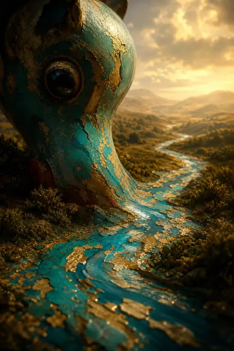 Close view of a small toy whose worn paint turns into a flowing river across gentle hills, a dream of a dead child