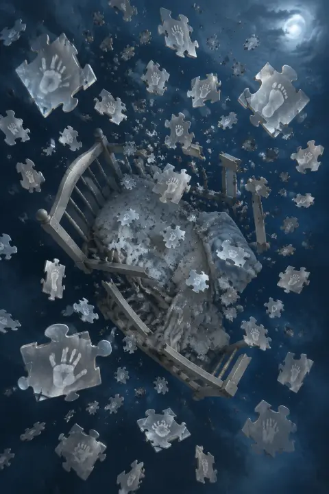 Cuna plateada vista desde arriba se fragmenta en piezas de puzzle flotantes con huellas fantasmales de manos infantiles sobre vacío azul lunar