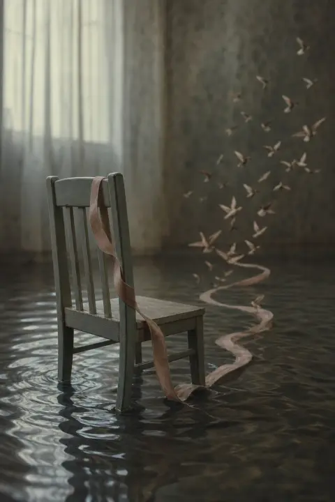 An empty child's chair with a hair ribbon unspooling into small birds, a dream about a dead daughter