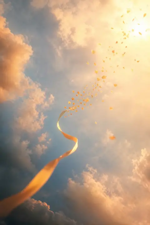 A child's ribbon rises through a sunlit sky, dissolving into golden petals, a dream of a dead daughter