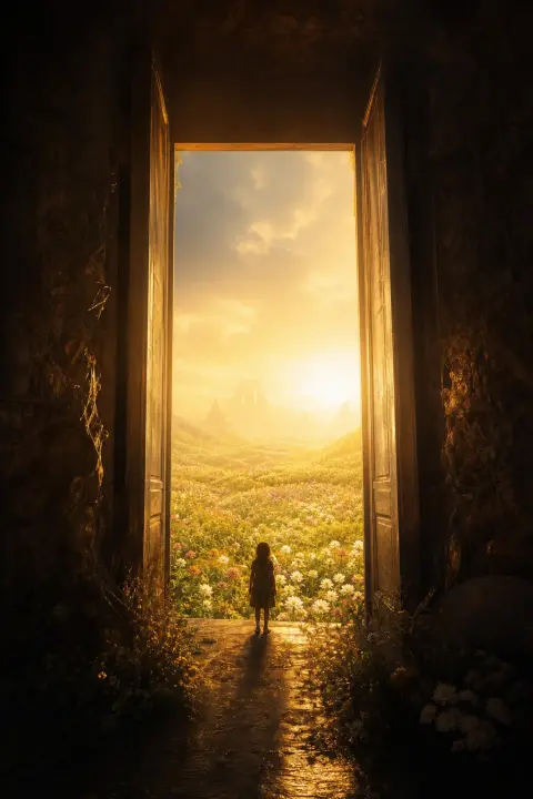 A doorway of soft light opens onto a meadow of dawn flowers with a small silhouette, a dream of a dead daughter