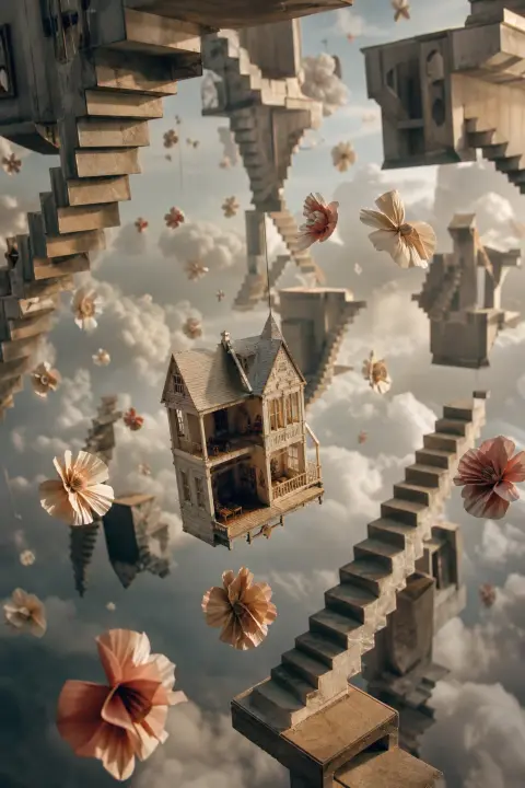 A dollhouse and paper flowers drift among inverted staircases under slow clouds, a dream of a dead daughter