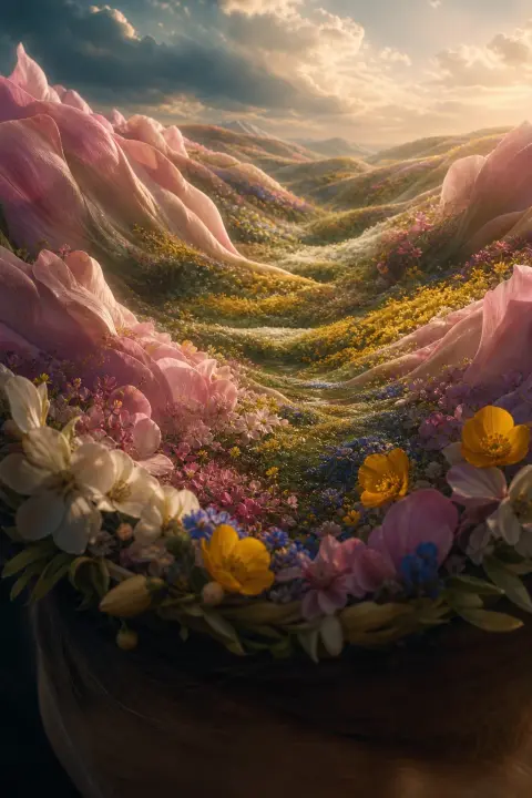 Close view of a flower crown whose petals become rolling flowering hills, a dream of a dead daughter