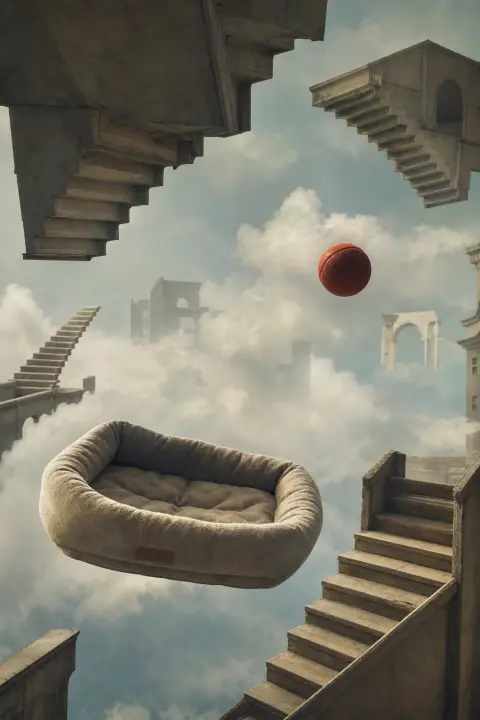 La pelota y la cama vacía de un perro flotan entre escaleras invertidas y nubes lentas, evocando a un perro muerto