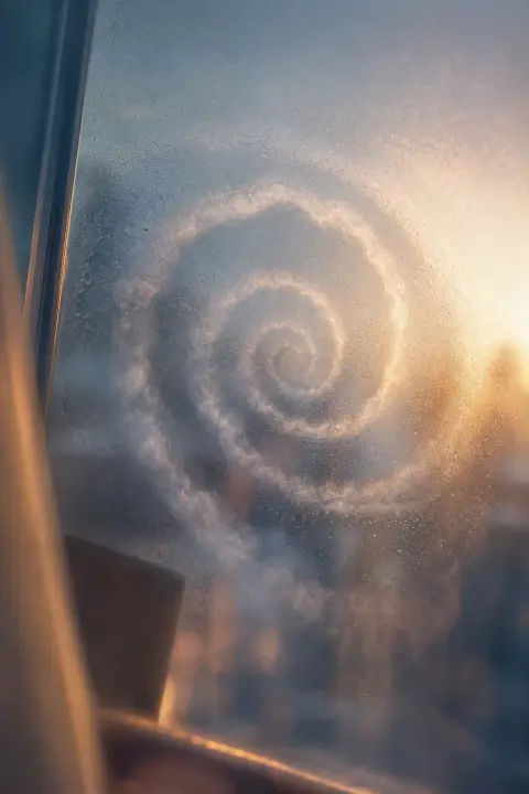 Frosted breath-clouds spiral inward infinitely on moonlit glass, dead father dream imagery