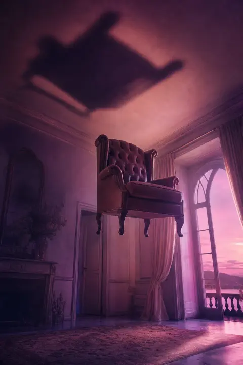 Leather chair rises through violet air as shadow pools on ceiling, dead father dream