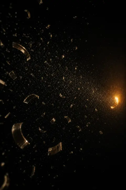Gold wedding band shatters across void, one warm fragment glowing, dead father symbol