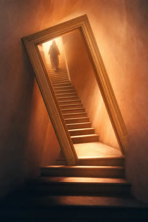 Tilted doorway opens onto ascending staircase folding inward, figure descending upward, dead father
