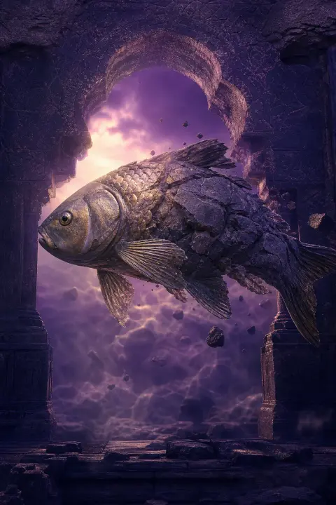 Peixe morto transformando-se em pedra, escamas endurecendo em cristas minerais através de portal de crepúsculo violeta