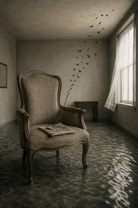 An empty armchair with a newspaper and pocket-watch whose chain unravels into birds, a dream of a dead grandfather