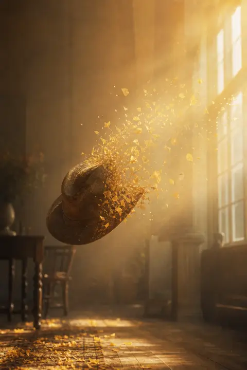 An old felt hat drifts weightless across a sunlit room, dissolving into golden petals, a dream of a dead grandfather