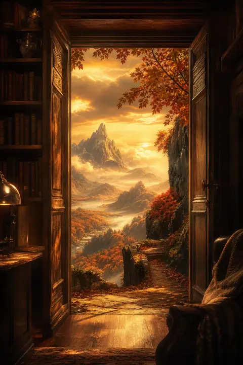 A study doorway full of warm light opens onto an autumn landscape at golden hour, a dream of a dead grandfather