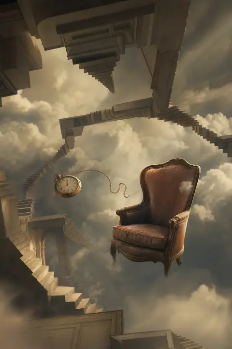 An armchair and pocket-watch drift among inverted staircases under slow clouds, a dream of a dead grandfather