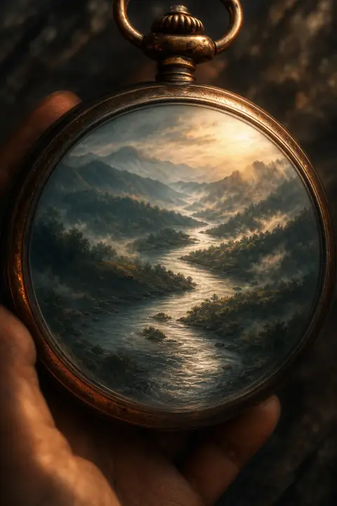 Close view of a pocket-watch whose face becomes a slow river through misty hills, a dream of a dead grandfather