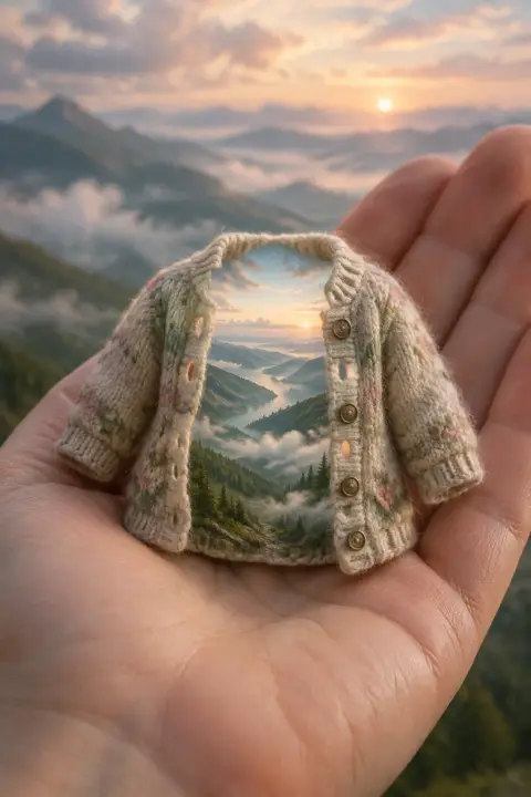 Winzige alte Strickjacke auf einer Handfläche birgt in sich ein endloses Nebeltal mit sanften Morgenhügeln