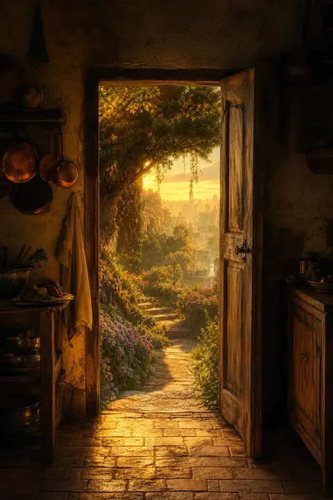 Porta de cozinha antiga cheia de luz suave, abrindo para um jardim impossível ao entardecer, evocando a avó falecida