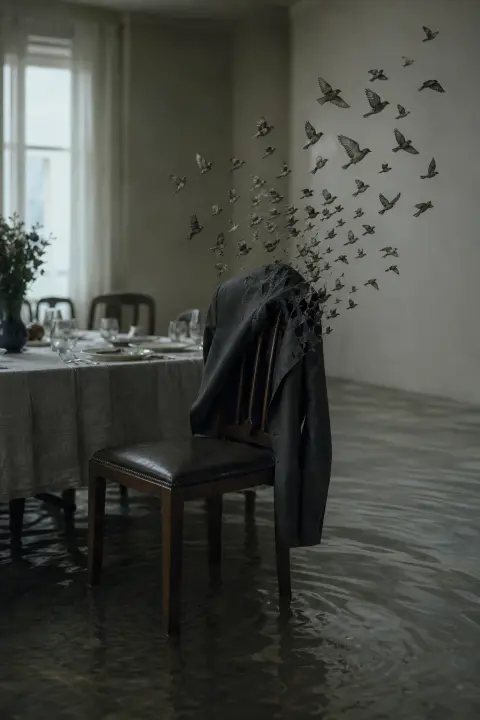 Una silla vacía en la mesa puesta, una chaqueta doblada se deshace en pájaros y el suelo ondula, el esposo fallecido