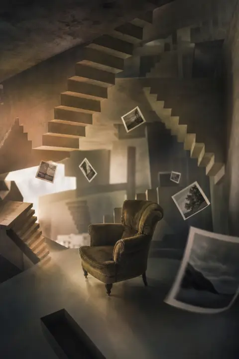 Un sillón y fotografías flotantes se mueven entre escaleras invertidas, con gravedad imposible, evocando al esposo fallecido