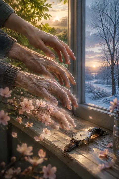 Une montre posée sur le rebord est effleurée par la même main en quatre états de vie jeune vieillie absente et fleurs de pêcher
